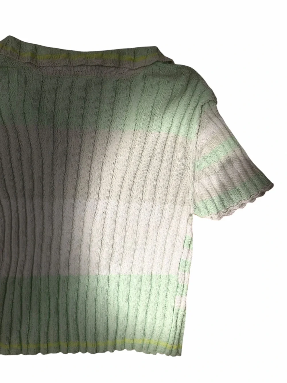 Free People Mint Green and Cream Striped Short-Sleeve Ribbed Cardigan